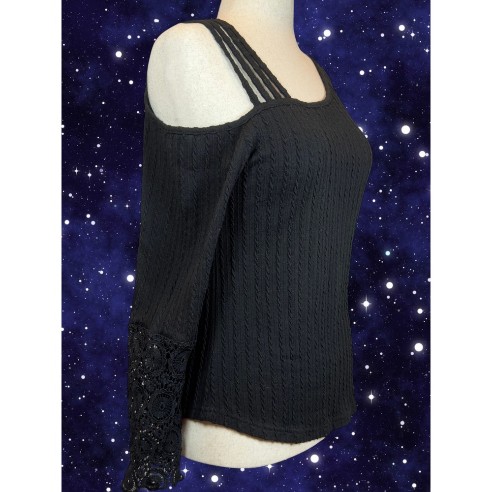 Black Cable Rib Knit Sweater M Lace Sleeve Asymmetrical Strappy Shoulder Witchy